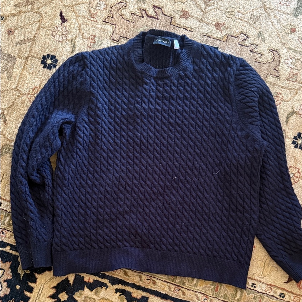 Tahari Men's Navy Cable Knit Crewneck Sweater